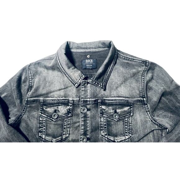 BKE DenimJacket Woman's Medium Black/Gray Distressed Buckle Collared jacket - Picture 2 of 10